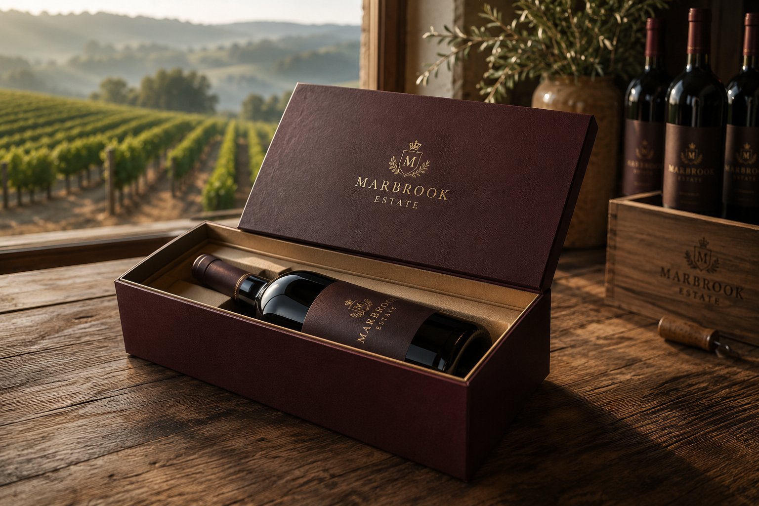Foil-stamped rigid wine gift box with a winery logo holding a single bottle on a tasting-room table